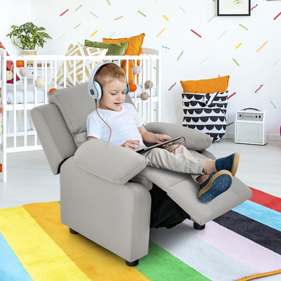 Costway Kids Recliner Chair PU Leather Toddler Sofa Chair w Adjustable Backrest Footrest Light Gray