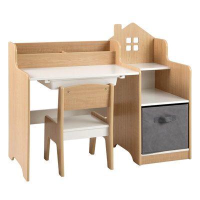 COSTWAY Kids Study Desk and Chair Set Children Study Table w/ Open Shelves-Natural
