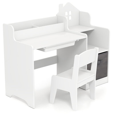 COSTWAY Kids Study Desk and Chair Set Children Study Table w/ Open Shelves-White