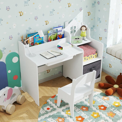COSTWAY Kids Study Desk and Chair Set Children Study Table w/ Open ...