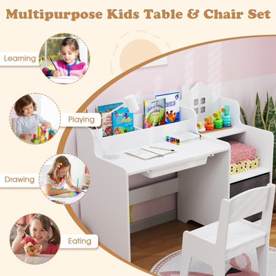 COSTWAY Kids Study Desk and Chair Set Children Study Table w/ Open ...