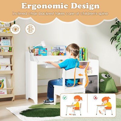 COSTWAY Kids Study Desk and Chair Set Children Study Table w/ Open ...