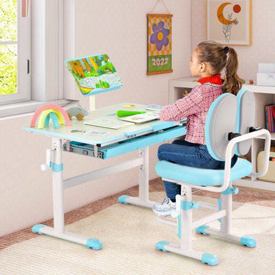 Costway Kids Study Desk Chair Set Adjustable Children Study Desk w Tilt Desktop