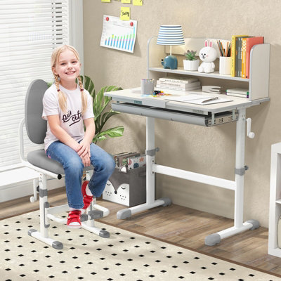 Artist Hand Kids Study Desk And Chair Set Height Adjustable Children Table Large Writing Board Desk With LED Lamp, Pull Out Drawer, Bookstand (Pink