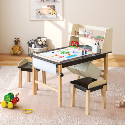 Costway Kids Table Chair Set Children Wooden Toddler Drawing Art Desk w 2 Tier Shelf
