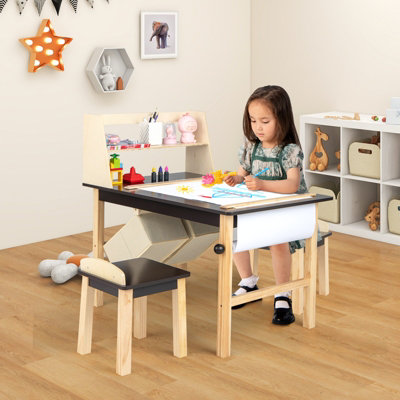 Cowiewie Kids Art Table and 2 Chair, Wooden Drawing Desk w/ Storage Drawer  for 3+ Years Old, Brown