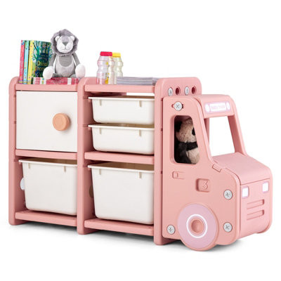 Costway Kids Toy Storage Organizer Truck-shaped Toddler Storage Cabinet 2 Plastic Bins
