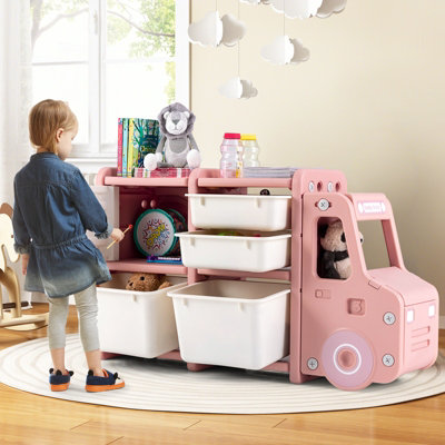 Toy storage cabinet with shop bins