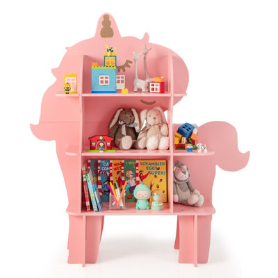 Costway Kids Unicorn Bookcase 3 Tier Toy Storage Organizer Wooden Bookshelf