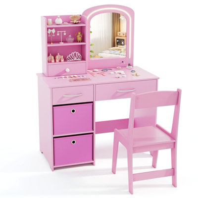COSTWAY Kids Vanity Set Princess Makeup Desk and Chair w/ Lighted Mirror-Pink