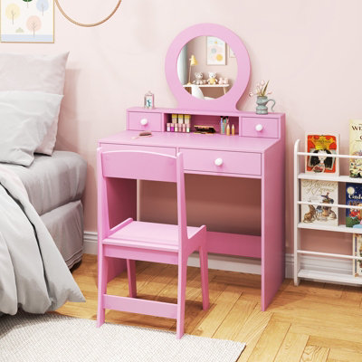COSTWAY Kids Vanity Set Princess Makeup Dressing Desk and Chair w/ Mirror-Pink