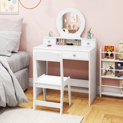 COSTWAY Kids Vanity Set Princess Makeup Dressing Desk and Chair w/ Mirror-White