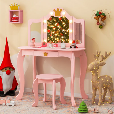 COSTWAY Kids Vanity Set Princess Vanity Table & Chair Set w/ Lighted Mirror-Pink
