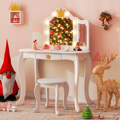 COSTWAY Kids Vanity Set Princess Vanity Table & Chair Set w/ Lighted Mirror-White