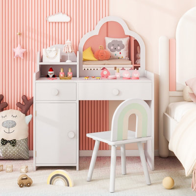 COSTWAY Kids Vanity Table and Chair Set Girls Vanity Set w/ Cloud-shaped Mirror White
