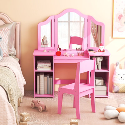 COSTWAY Kids Vanity Table and Chair Set Princess Makeup Vanity Set w Tri Folding Mirror