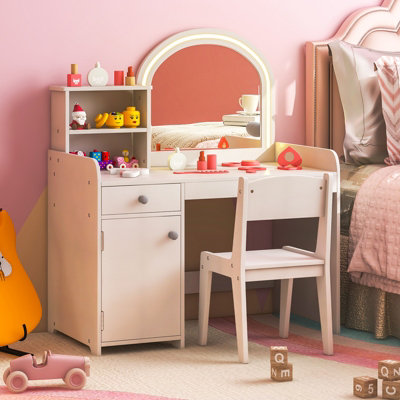 Costway Kids Vanity Table Chair Set Lighted Mirror Storage Drawer Cabinet