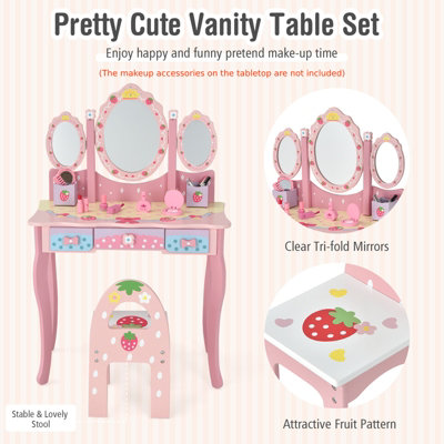 Costway Kids Vanity Table Chair Set W/ Makeup Dressing Table  Chair & Drawers