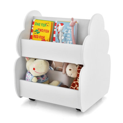 Costway Kids Wooden Bookcase w/ Wheels 2-Tier Toy Storage Toddler Display Book  Shelf