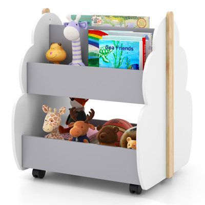 Costway Kids Wooden Bookshelf w/ Wheels 2-Tier Toy Storage Shelf Double-sided Bookcase