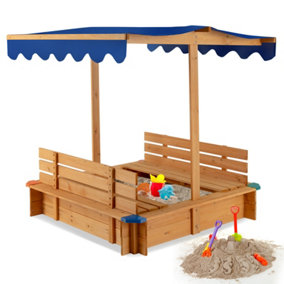 Costway Kids Wooden Sandbox with Canopy Kids Play Station with 2 Benches