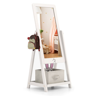 Costway Kids Wooden Standing Mirror Freestanding Full Length Dressing Mirror Storage Bin