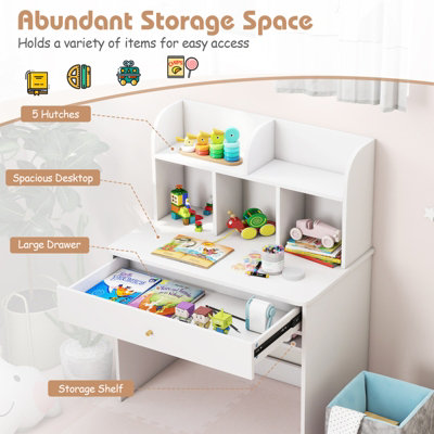 VEVOR Kids Desk With Drawers - White & Wood Study Table For Bedroom, Reading, Writing & Drawing