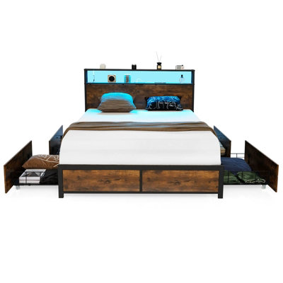 Costway King Size Bed Frame Metal Bed Platform LED Lights Headboard & 4 Storage Drawers