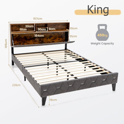 Costway King Size Bed Frame Upholstered Platform Bed Slat Support W/ Storage Headboard