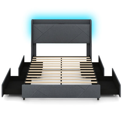 COSTWAY King Size Bed Frame w/ LED Lights & Wingback Headboard Upholstered Platform Bed