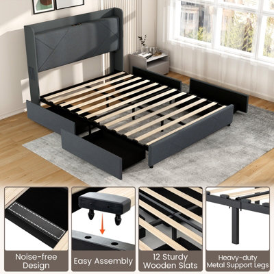 COSTWAY King Size Bed Frame w LED Lights Wingback Headboard Upholstered Platform Bed