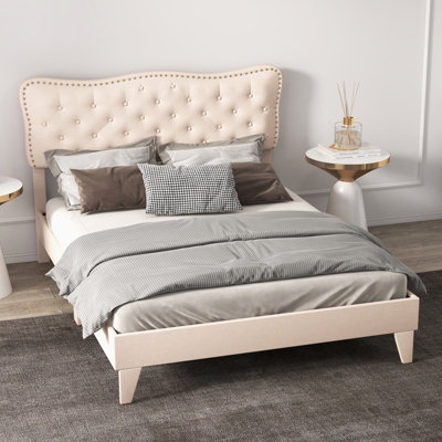 Costway King Size Bed Frame Wooden Slat Bed Platform w Upholstered Button Tufted Headboard