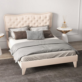 Costway King Size Bed Frame Wooden Slat Bed Platform w/ Upholstered Button Tufted Headboard