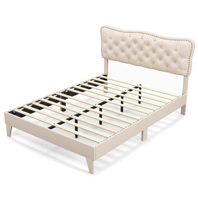 Costway King Size Bed Frame Wooden Slat Bed Platform w/ Upholstered Button Tufted Headboard