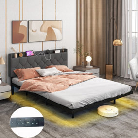 Costway King Size Floating Bed Frame LED Lights Modern Platform Bed w/ Headboard & Charging Station