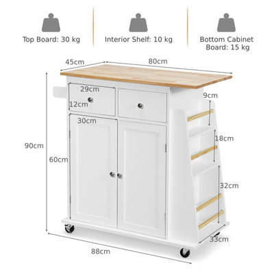 Costway Kitchen Island Rolling Storage Cabinet Trolley Cart Adjustable Shelves 2 Drawers