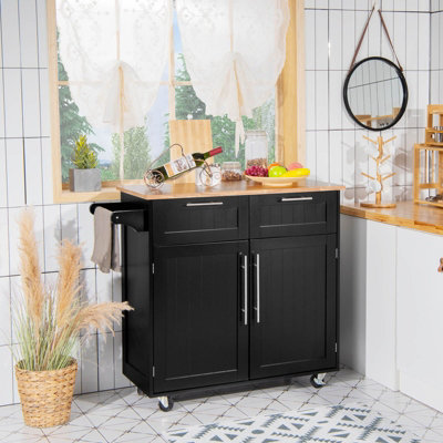 Costway Kitchen Island Rolling Storage Trolley Cart Shelves Cupboard 2 Doors Cabinet Black
