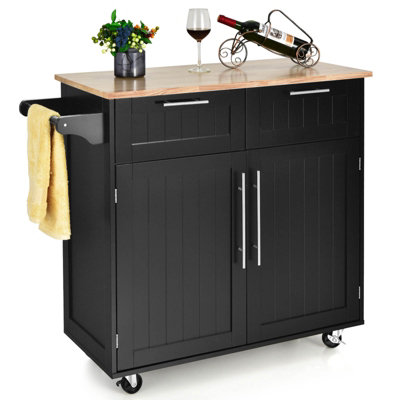 Costway Kitchen Island Rolling Storage Trolley Cart Shelves Cupboard 2 Doors Cabinet Black