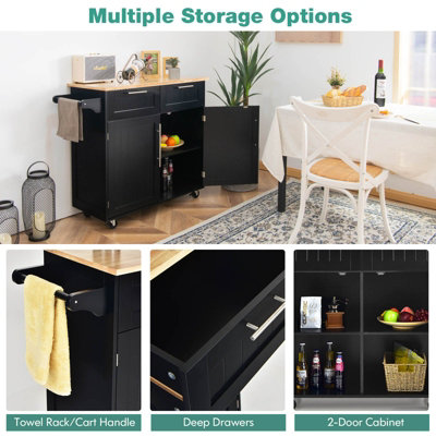 Costway Kitchen Island Rolling Storage Trolley Cart Shelves Cupboard 2 Doors Cabinet Black - 5