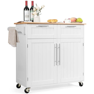 Costway Kitchen Island Rolling Storage Trolley Cart Shelves Cupboard 2 Doors Cabinet White