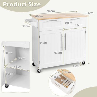 Costway Kitchen Island Rolling Storage Trolley Cart Shelves Cupboard 2 Doors Cabinet White - 3