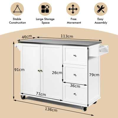Costway Kitchen Island Rolling Storage Trolley Cart Stainless Steel Countertop 2 Doors