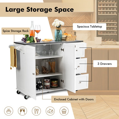 Costway Kitchen Island Rolling Storage Trolley Cart Stainless Steel Countertop 2 Doors - 6