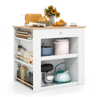 Moccha Kitchen Island, Stationary Island Table With 2-Door Storage Cabinet, 2 Open Shelves, 2 Drawers, 6-Tier Spice Racks, Wood Kitchen Counter For Dining Room, 29.5"D X 39.5"W X 38"H, White