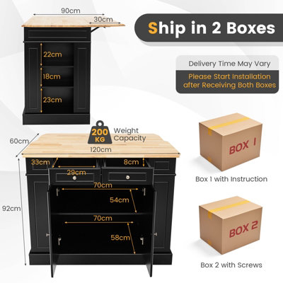Costway Kitchen Island Storage Cupboard W/ Drop Leaf Countertop & Side Racks 2-Door Cabinet