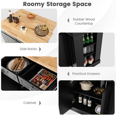 Costway Kitchen Island Storage Cupboard W/ Drop Leaf Countertop & Side Racks 2-Door Cabinet - 3