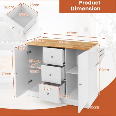 Costway Kitchen Island Storage Trolley Rolling Cart Cupboard 3 Deep Drawers 2 Doors