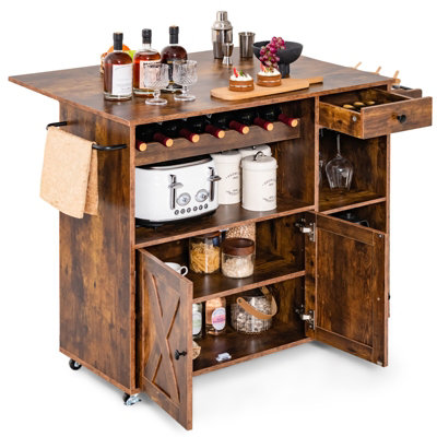 Costway Kitchen Island Storage Trolley Rolling Cart Cupboard with Wine Rack & Drop Leaf