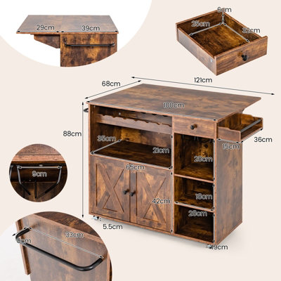 Costway Kitchen Island Storage Trolley Rolling Cart Cupboard with Wine Rack & Drop Leaf