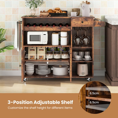 Costway Kitchen Island Storage Trolley Rolling Cart Cupboard with Wine Rack & Drop Leaf - 6